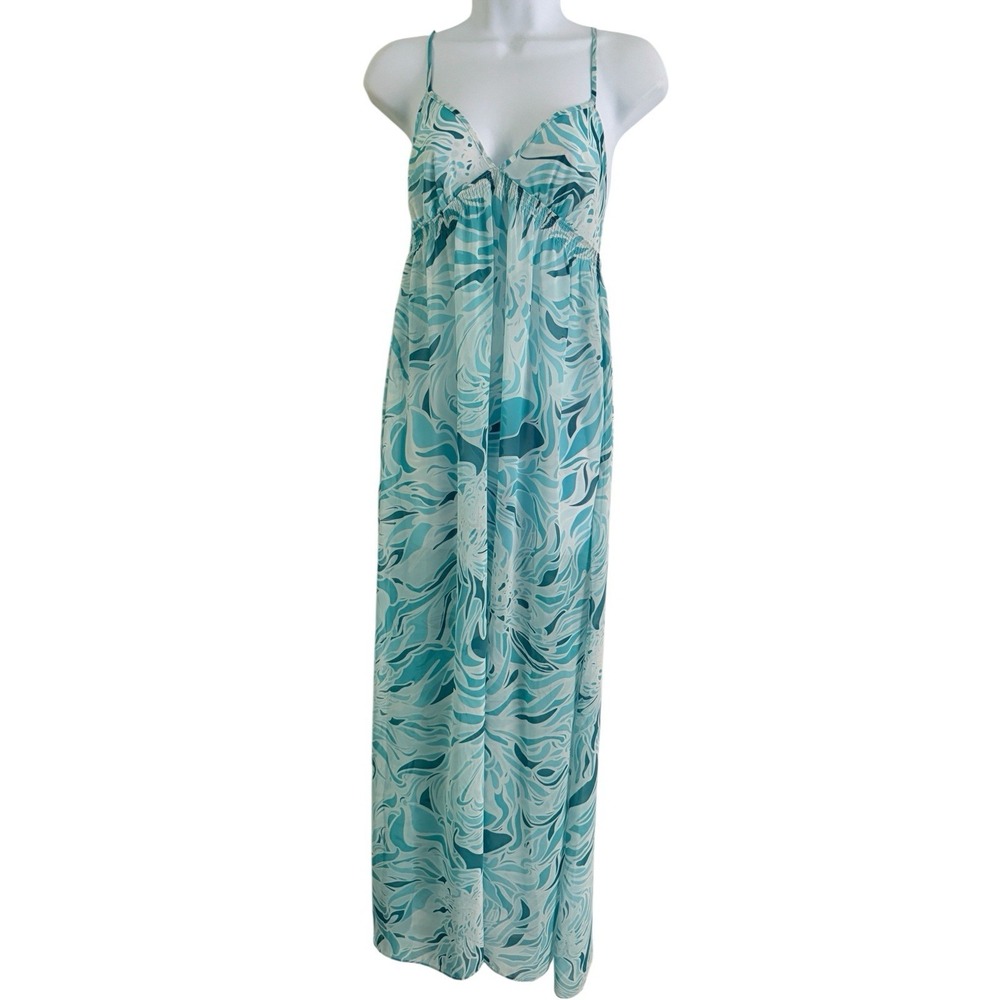 La Vie Enโ Rose Maxi Dress M Aqua Abstract Tropical Flowy Boho Slip Sundress